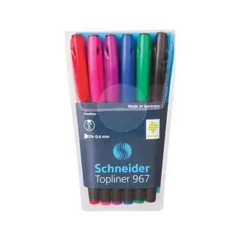 Ручки капиллярные SCHNEIDER НАБОР 6 шт., АССОРТИ, Topliner 967, корпус черный, линия письма 0,4 мм, 196796