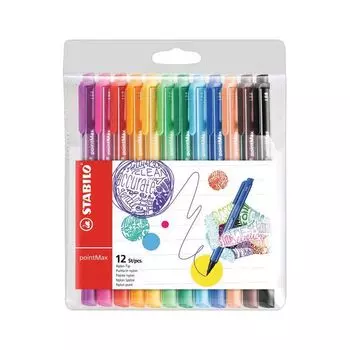 Ручки капиллярные STABILO, НАБОР 12 штук, pointМax, АССОРТИ, нейлоновый након. 0,8мм, 488/12-01