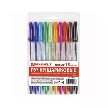 Ручки шариковые BRAUBERG, НАБОР 10 шт., АССОРТИ, Line, корпус прозрачный, узел 1 мм, линия письма 0,5 мм, BP133