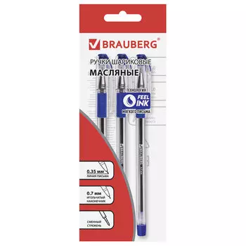 Ручки шариковые масляные BRAUBERG, НАБОР 3 шт., СИНИЕ, Max-Oil, игольчатый узел, 0,7 мм, линия письма 0,35 мм, OBP242, (12 шт.)
