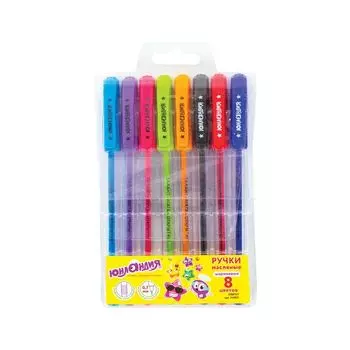 Ручки шариковые масляные ЮНЛАНДИЯ, НАБОР 8 шт., АССОРТИ, "STAR", узел 0,7 мм, линия письма 0,35 мм, 143011