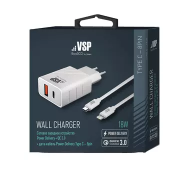 Сетевое зарядное устройство BoraSCO PD + QC 3.0, 18W+ кабельType-C - 8 pin белое