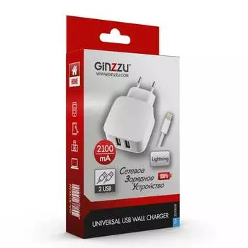Сетевое зарядное устройство Ginzzu GA-3010UW 2.1A кабель Lightning белый