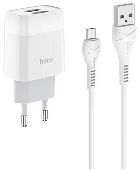 Сетевое зарядное устройство Hoco C73A Glorius +кабель Micro-USB, 2USB, 2.4A, белый (13063)
