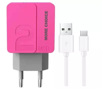 Сетевое зарядное устройство More choice 2USB 2.4A для Type-C NC46a 1м (Pink)