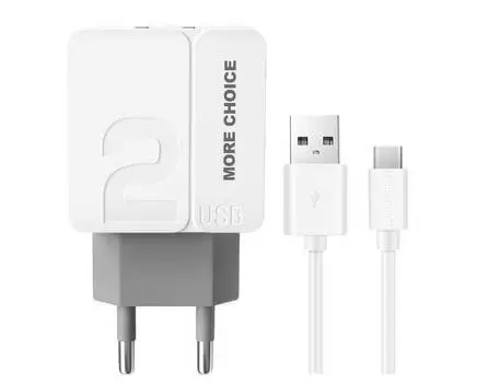 Сетевое зарядное устройство More choice 2USB 2.4A для Type-C NC46a 1м (White Grey)