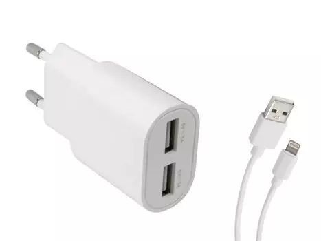 Сетевое зарядное устройство Red Line 2 USB (модель ТС-3A), 3A белый + кабель Lightning, белый