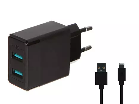 Сетевое зарядное устройство Red Line Tech 2 USB (модель Y1), 2.4A черный + кабель Lightning, черный