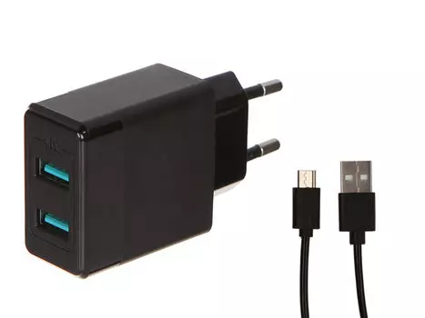 Сетевое зарядное устройство Red Line Tech 2 USB (модель Y1), 2.4A черный + кабель micro-USB, черный