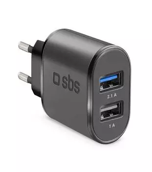 Сетевое зарядное устройство SBS 100/250V 2,1А с функцией быстрой зарядки, 2 порта USB чёрный (TETR2USB21AFAST)