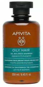 Шампунь APIVITA балансирующий для жирных волос с Мятой Перечной и Прополисом, флакон, 250 мл