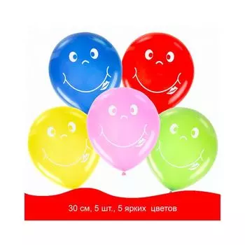 Шары воздушные ЗОЛОТАЯ СКАЗКА, 12(30см), КОМПЛЕКТ 5 шт., ассорти 5 цв., рис. Смайл, пакет (10 шт.)