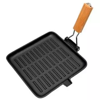 Сковорода-гриль чугунная с дерев складной ручкой, квадратной формы, PADELLA, р-р 28*28 см,тм Mallony