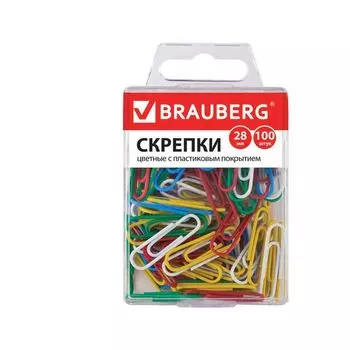 Скрепки BRAUBERG, 28 мм, цветные, 100 шт., в пластиковой коробке, 221111, (15 шт.)