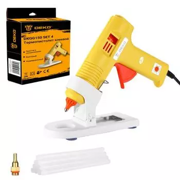 Термопистолет клеевой DEKO DKGG150 150ВТ SET4 с функцией THERMAL CONTROL + подставка + набор стержней (10 шт, 11 мм) и сменным соплом