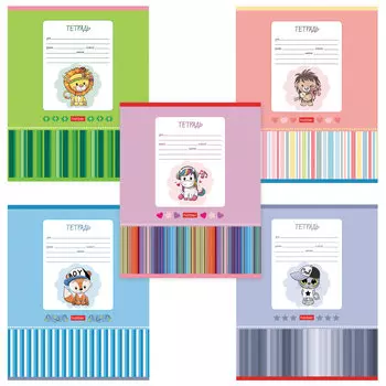 Тетрадь 12 л., HATBER, косая линия, обложка картон, Мультяшки (5 видов в спайке), 12Т5В6, (60 шт.)