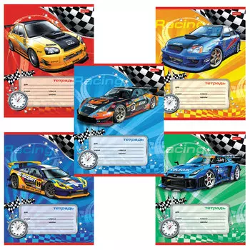 Тетрадь 12 л., HATBER, косая линия, обложка картон, Спортивные авто (5 видов в спайке), 12Т5В6, (60 шт.)