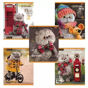 Тетрадь 18 л., HATBER, клетка, обложка картон, КОТ БАСИК (5 видов в спайке), 18Т5В1, T213988, (60 шт.)