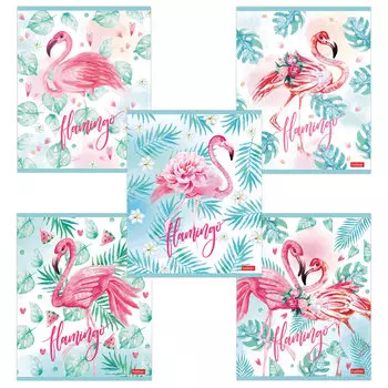 Тетрадь А5, 48 л., HATBER, скоба, клетка, блестки, Фламинго (5 видов в спайке), 48Т5блВ1, (20 шт.)