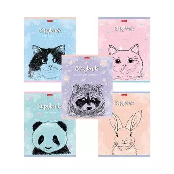 Тетрадь А5 48 л. HATBER скоба, клетка, матовая ламинация, "Милые зверьки" (5 видов в спайке), 48Т5лтВ1 (30 шт.)