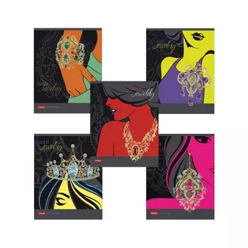 Тетрадь, А5, 96 л., HATBER, скоба, клетка, конгрев с фольгой, Gold jewelry (5 видов), 96Т5КфвлВ1, (12 шт.)