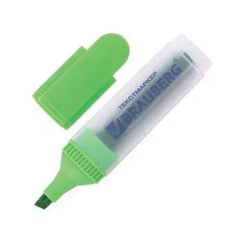 Текстмаркер BRAUBERG FLUO, ЗЕЛЕНЫЙ, прозрачный корпус, скошенный наконечник, 1-5 мм, 150399, (10 шт.)