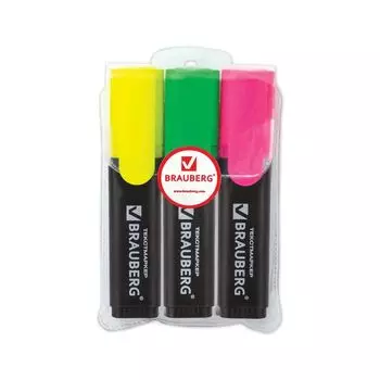 Текстмаркеры BRAUBERG, НАБОР 3 шт., АССОРТИ, Contract, классические, скошенный наконечник 1-5 мм, 150395