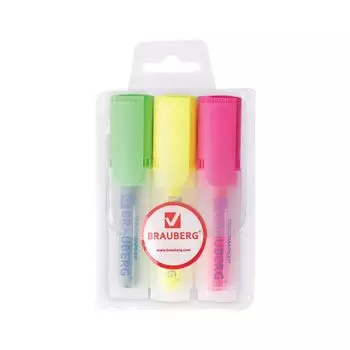 Текстмаркеры BRAUBERG, НАБОР 3 шт., АССОРТИ, FLUO, прозрачный корпус, скошененный наконечник, 1-5 мм, 150404