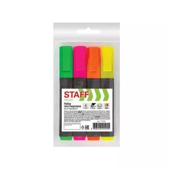 Текстмаркеры STAFF, НАБОР 4 шт., АССОРТИ, STICK, скошенный наконечник, 1-4 мм, (6 шт.)