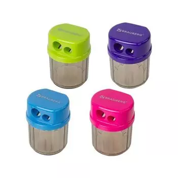 Точилка BRAUBERG "Drum Dual", 2 отверстия, с контейнером, пластиковая, ассорти, 228436 (24 шт.)