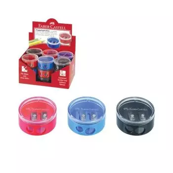 Точилка FABER-CASTELL, 2 отверстия, с контейнером, круглая, пластиковая, красная/синяя, 185418