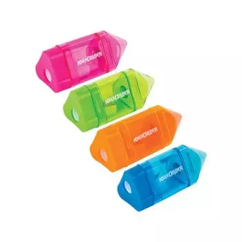 Точилка ЮНЛАНДИЯ "Карандашик", со стирательной резинкой, с контейнером, пластиковая, ассорти, 228440 (24 шт.)