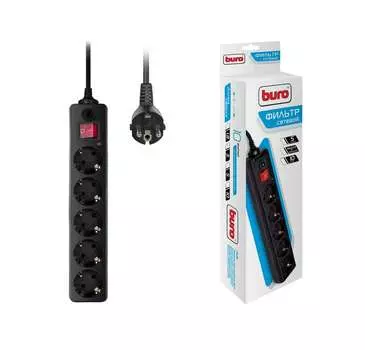 Удлинитель с сетевым фильтром 5х3м с заземл. 10А IP20 500SH-3-B CCA 3х0.75 черн. BURO 992293