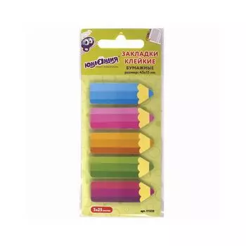 Закладки клейкие ЮНЛАНДИЯ бумажные "Фигурные карандаши", 45х15 мм, 5 штук х 25 листов, ассорти, 111359 (12 шт.)