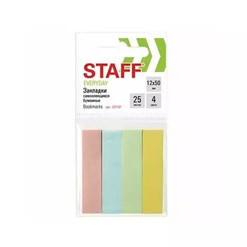 Закладки клейкие STAFF бумажные, 50х12 мм, 4 цвета х 25 листов, европодвес, 127147, (15 шт.)
