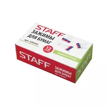 Зажимы для бумаг STAFF, КОМПЛЕКТ 12 шт., 25 мм, на 100 листов, Триколор, картонная коробка, 226252