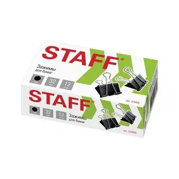 Зажимы для бумаг STAFF, КОМПЛЕКТ 12 шт., 32 мм, на 140 листов, черные, картонная коробка, 224608, (6 шт.)