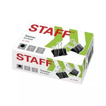 Зажимы для бумаг STAFF, КОМПЛЕКТ 12 шт., 41 мм, 200 листов, черные, картонная коробка, 224609, (4 шт.)