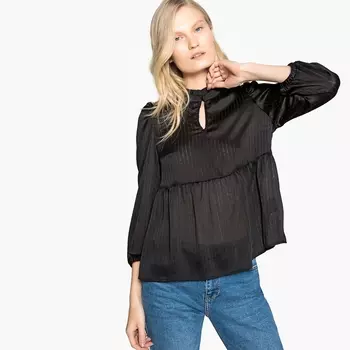 Блуза с баской, воротник-стойка с вырезом-капелькой