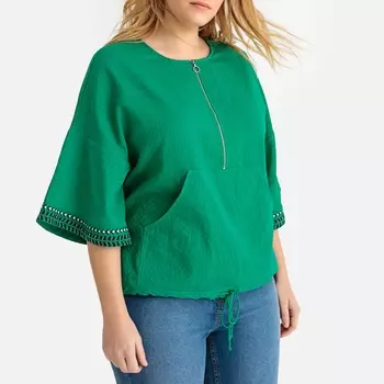 Блузка на молнии с круглым вырезом и короткими рукавами с вышивкой