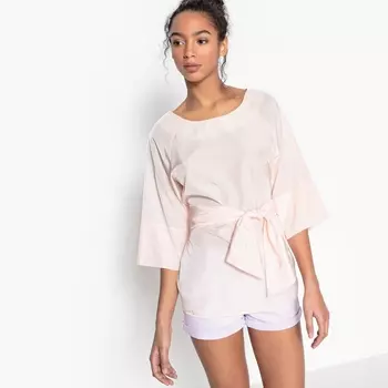Блузка однотонная с рукавами 3/4 и завязками на поясе