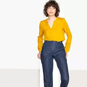 Блузка с круглым вырезом с разрезом спереди, ажурной спинкой и длинными рукавами