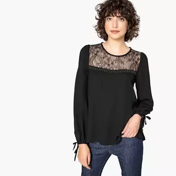 Блузка с кружевным вырезом и завязками на рукавах