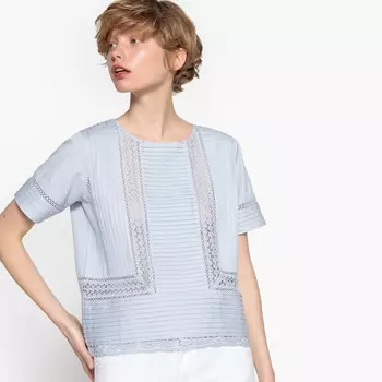 Блузка с кружевом и плиссировкой, хлопок и лён