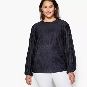 Блузка с плиссировкой с круглым вырезом и длинными напускными рукавами