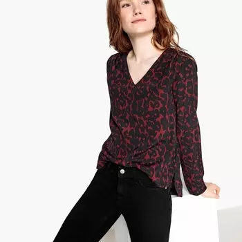Блузка с V-образным вырезом, длинными рукавами и леопардовым принтом