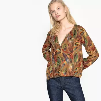 Блузка с V-образным вырезом и принтом, длинные рукава