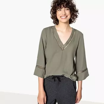 Блузка с v-образным вырезом из кружева, длинные рукава