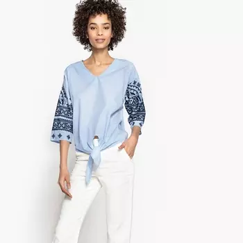 Блузка с V-образным вырезом, завязками спереди и рукавами с принтом