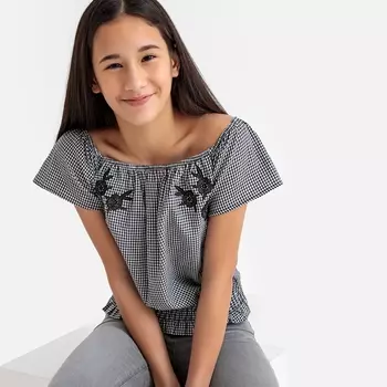 Блузка в клетку виши с вырезом-лодочкой и короткими рукавами, 10-16 лет